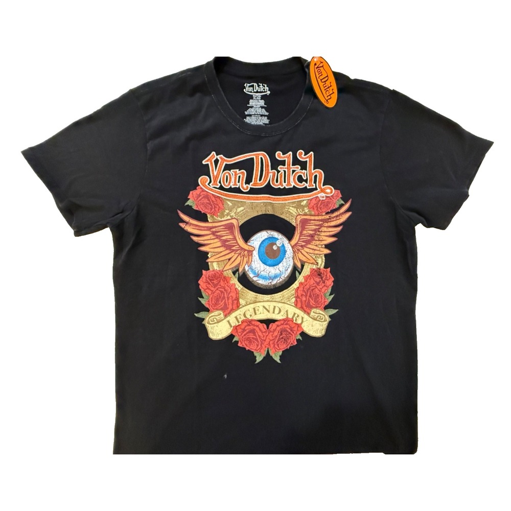 Von Dutch TShirt Mens SM Flying Eyeball Legendary Roses‎ Y2K Embroidered NWT